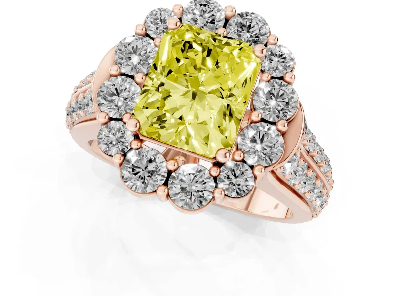 Fancy Yellow Radiant Cut Diamond Halo Engagement Ring Set in Rose gold with Split Shank and Prong Setting
