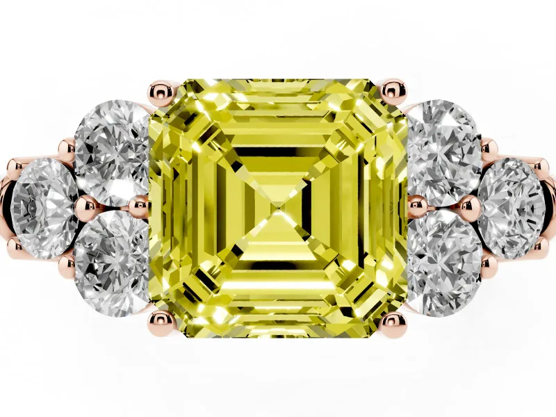 Fancy Yellow Asscher Cut Diamond Cluster Ring Set in Rose gold with Round Accent Stones and Prong Setting on a Plain Band
