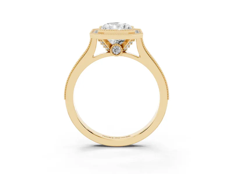 Radiant Cut Vintage Milgrain Halo Engagement Ring Setting | Bezel Head | Yellow Gold