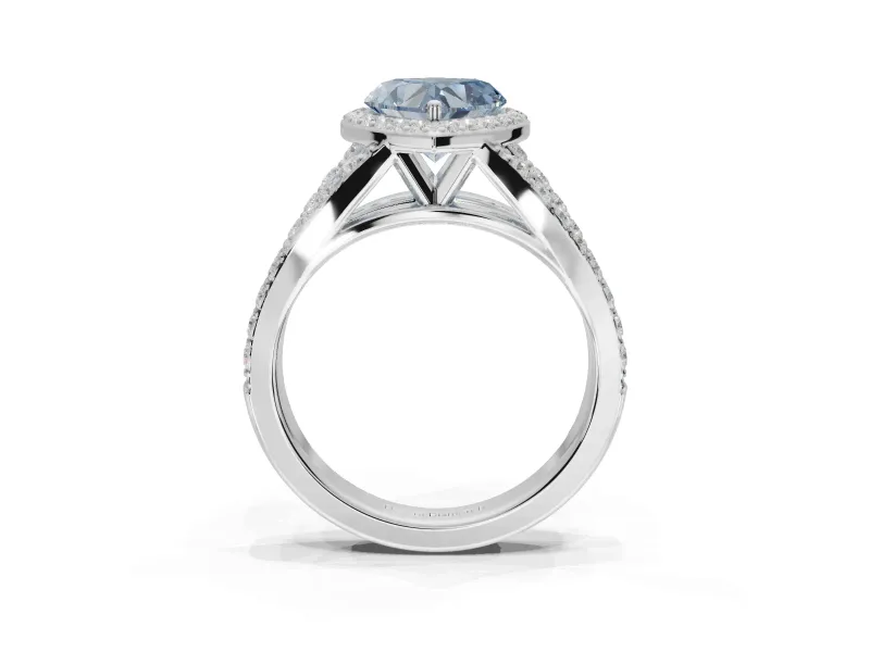 Heart-Shaped Halo Pavé Engagement Ring Setting for a Fancy Blue Lab-Grown Diamond | Narrow Split Shank | Sterling Silver