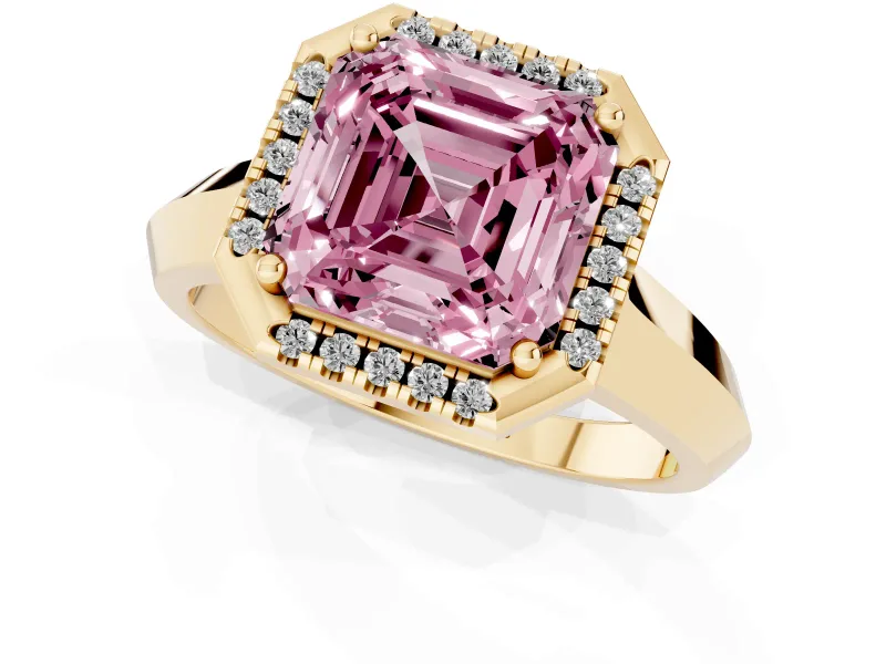 Fancy Pink Asscher Cut Diamond Halo Ring Set in Yellow gold with Cathedral Band and Prong Setting