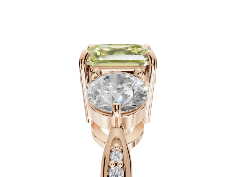 Asscher Cut Three Stone Engagement Ring Setting for a Fancy Yellow Lab-Grown Diamond | Tapered Pave Band | Rose Gold