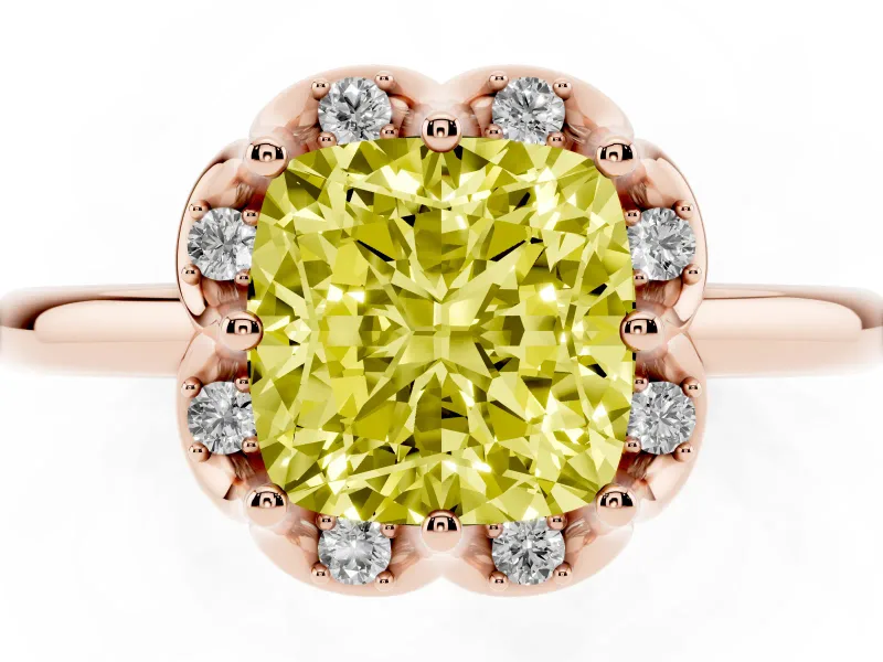 Cushion Cut Petal Halo Engagement Ring Setting for a Fancy Yellow Lab-Grown Diamond | Rose Gold