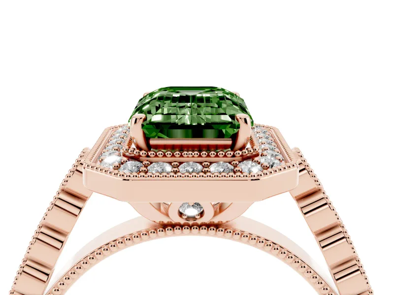 Emerald Cut Graduated Milgrain Halo Engagement Ring Setting for a Fancy Green Lab-Grown Diamond | Rose Gold