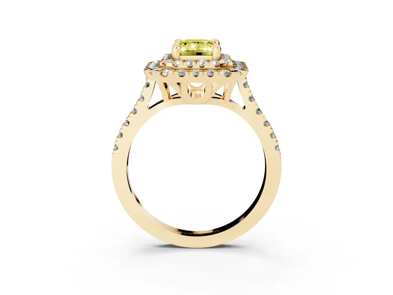 Fancy Yellow Emerald Cut Diamond Double Halo Statement Ring Set in Yellow gold with Pavé Band