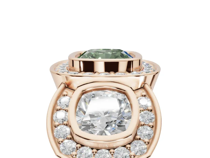 Cushion Cut Three Stone Halo Engagement Ring Setting for a Fancy Green Lab-Grown Diamond | Rose Gold