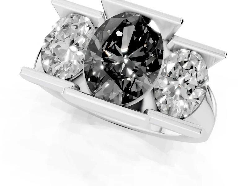 Fancy Black Oval Cut Diamond Three-Stone Channel Set Ring Set in Silver with Smooth Polished Band