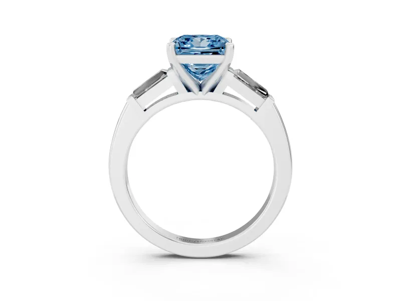 Fancy Blue Princess Cut Diamond Solitaire Ring Set in Platinum with Tapered Baguette Side Stones and Prong Setting
