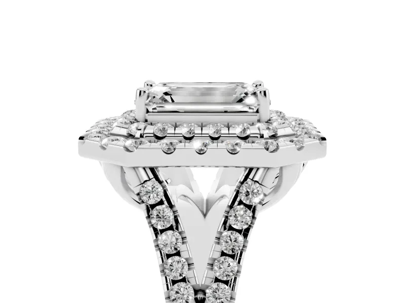 Emerald Cut Halo Split Shank Engagement Ring Setting | Sterling Silver