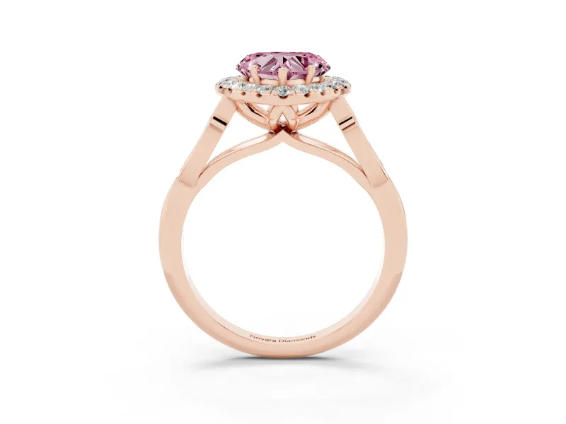Fancy Pink Heart Cut Diamond Halo Engagement Ring Set in Rose gold with Filigree Band and Prong-Set Center