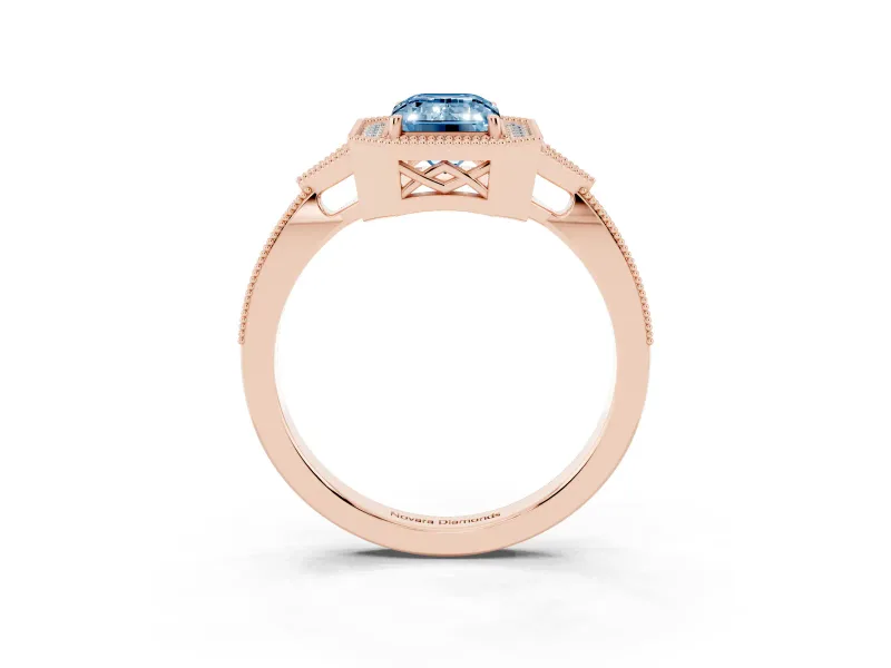 Fancy Blue Emerald Cut Diamond Halo Engagement Ring Set in Rose gold with Milgrain Pavé Band
