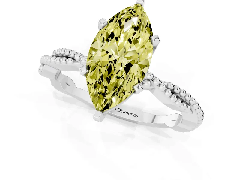 Fancy Yellow Marquise Cut Diamond Solitaire Ring Set in Silver with Twisted Band and Bead Prong Setting