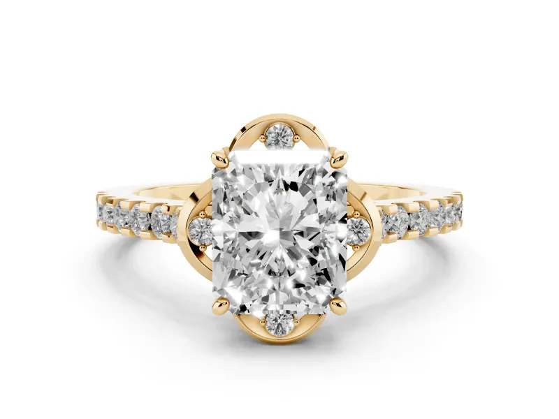 Radiant Cut Diamond Solitaire Ring Set in Yellow gold with Pavé Band and Floral Prong Setting