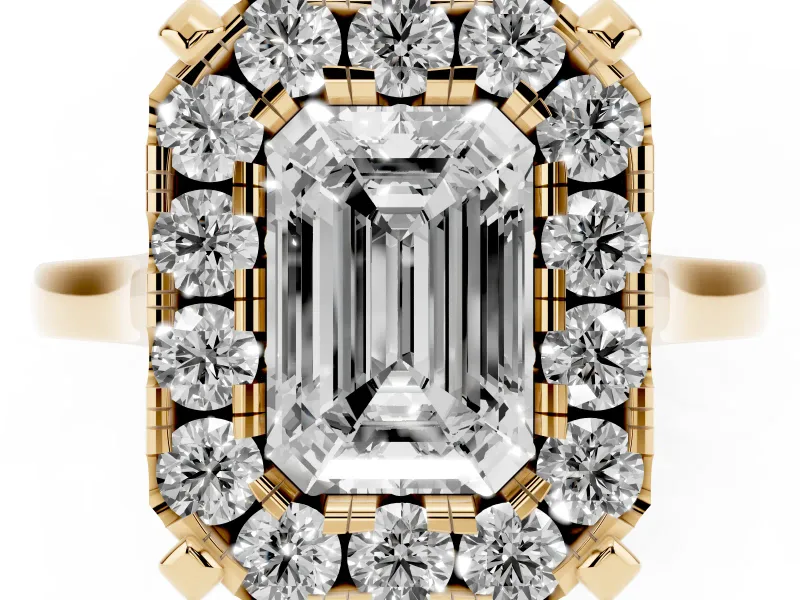 Emerald Cut Claw Corner Halo Engagement Ring Setting | Slim Plain Band | Yellow Gold