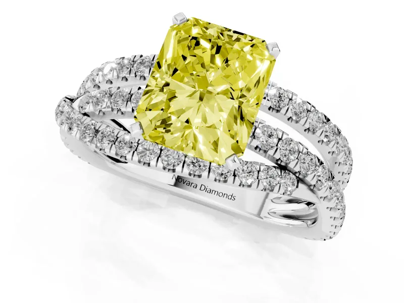 Fancy Yellow Radiant Cut Diamond Solitaire Twist Band Ring Set in White gold with Pavé Setting and Prong Head
