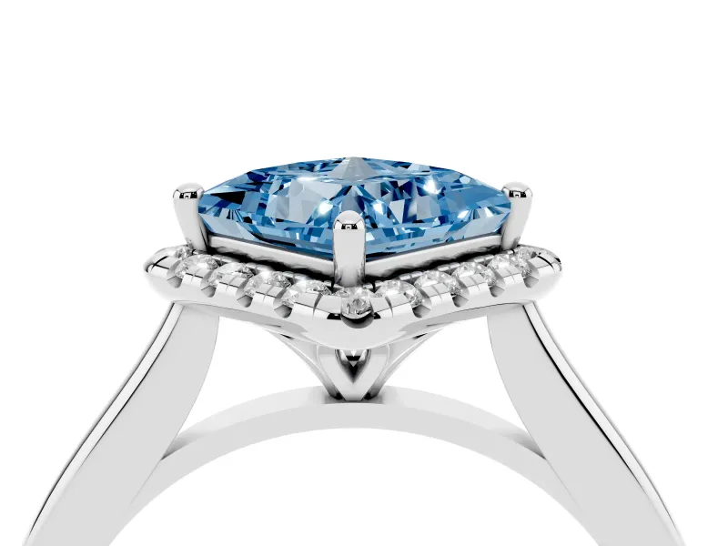 Princess Cut Halo Engagement Ring Setting for a Fancy Blue Lab-Grown Diamond | Plain Polished Band | Platinum
