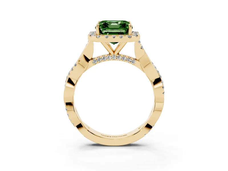 Asscher Cut Twist Halo Engagement Ring Setting for a Fancy Green Lab-Grown Diamond | Yellow Gold