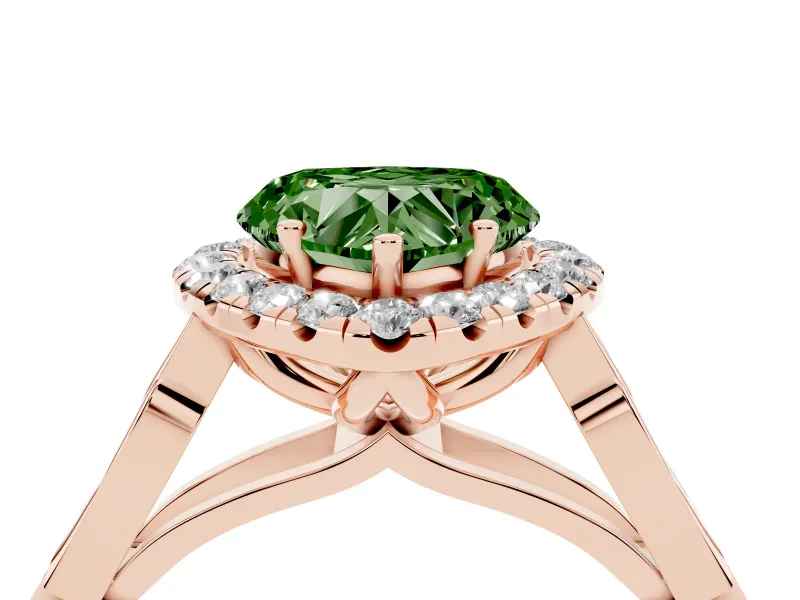 Fancy Green Heart Cut Diamond Halo Engagement Ring Set in Rose gold with Filigree Band and Prong-Set Center