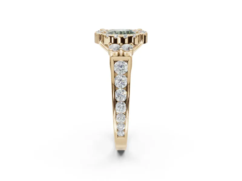 Round Halo Engagement Ring Setting for a Fancy Green Lab-Grown Diamond | Side Clusters | Yellow Gold