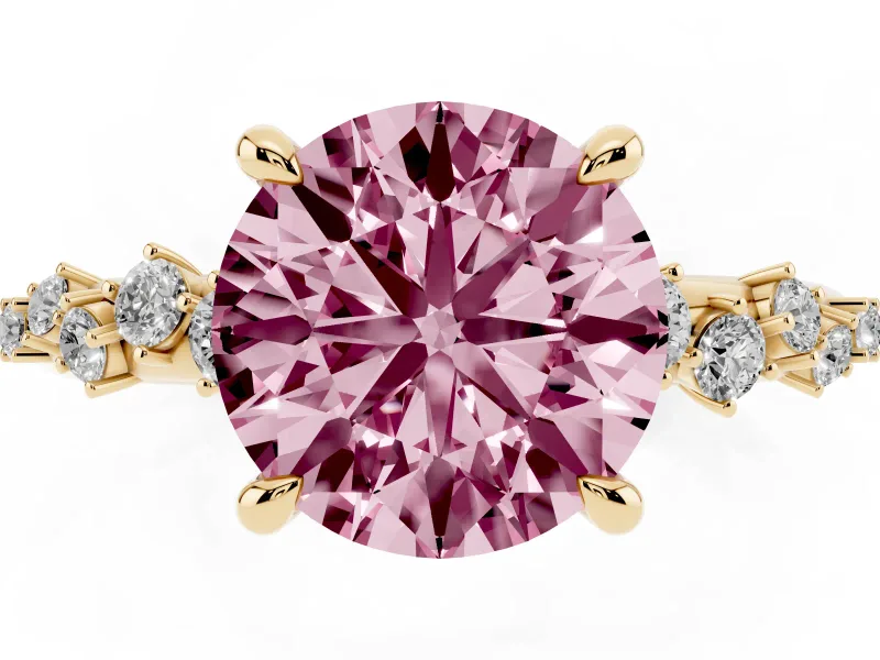 Fancy Pink Round Cut Diamond Solitaire Vine Band Ring Set in Yellow gold with Round Accents and Prong Setting