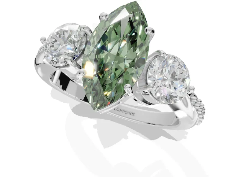 Marquise Three Stone Engagement Ring Setting for a Fancy Green Lab-Grown Diamond | Tapered Pave Band | Sterling Silver