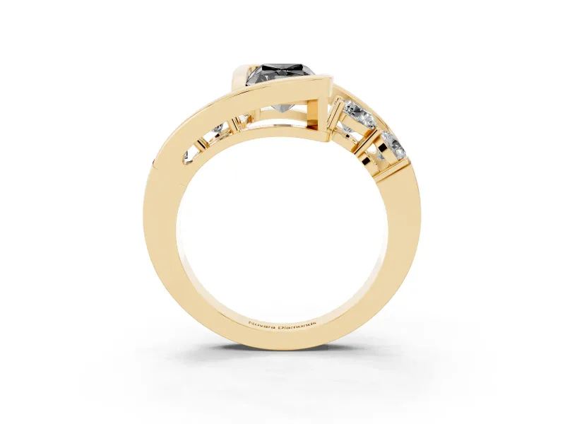 Fancy Black Radiant Cut Diamond Bezel Bypass Ring Set in Yellow gold with Round Accents