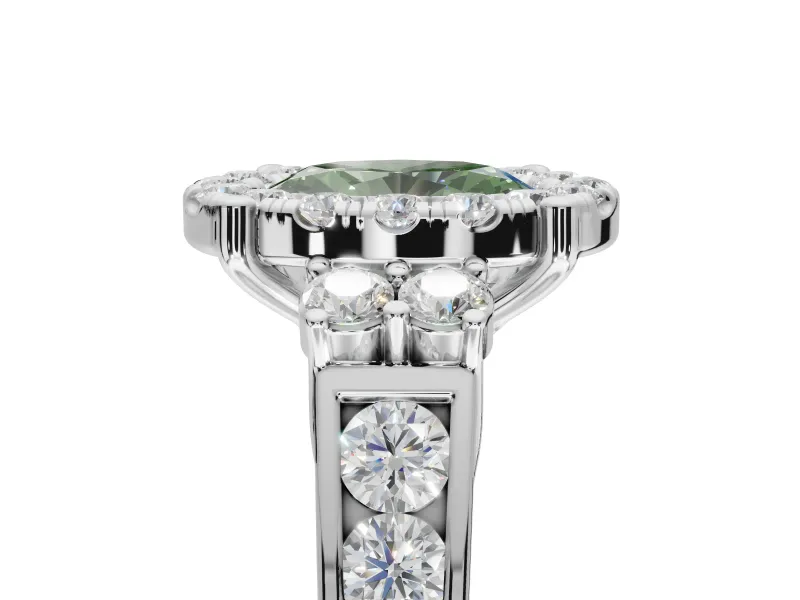 Oval Halo Engagement Ring Setting for a Fancy Green Lab-Grown Diamond | Side Clusters | Platinum