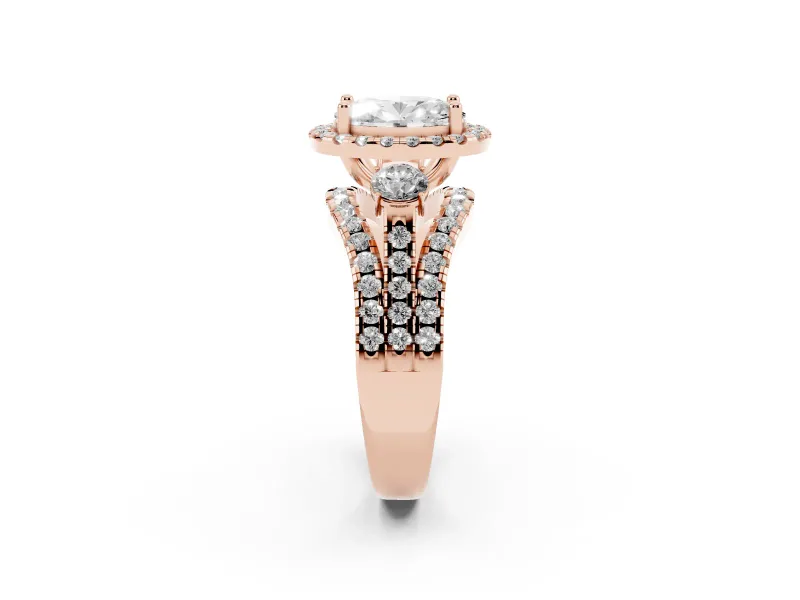 Oval Halo Split Shank Engagement Ring Setting | Round Side Stones | Rose Gold