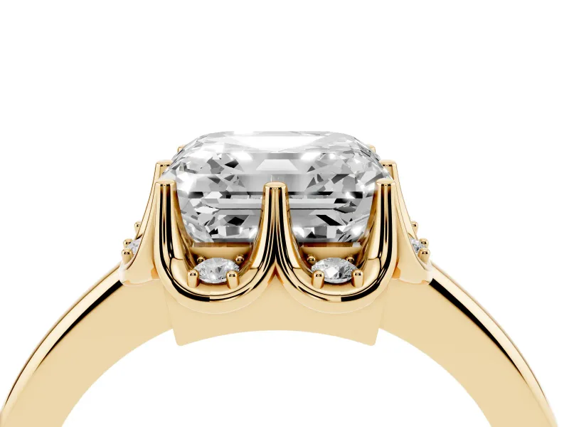 Asscher Cut Scalloped Petal Halo Engagement Ring Setting | Plain Band | Yellow Gold