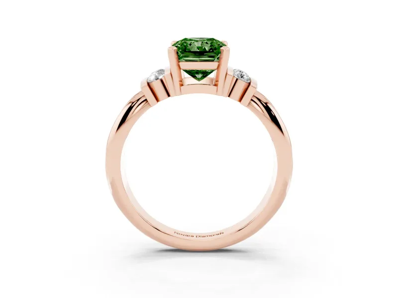 Fancy Green Three-Stone Radiant Cut Diamond Channel Set Ring Set in Rose gold with Bar Prongs