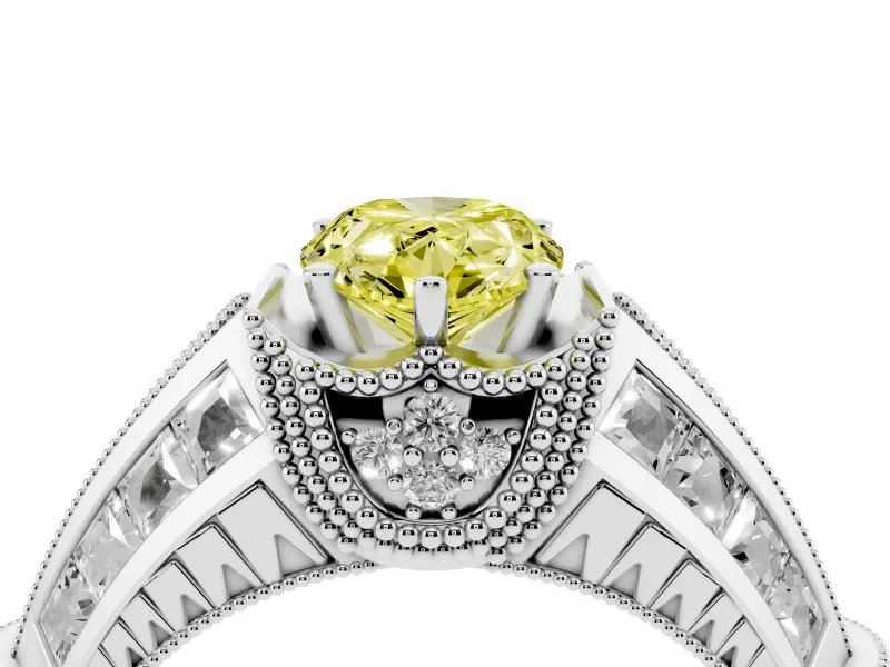 Fancy Yellow Pear Cut Diamond Vintage-Inspired Milgrain Ring Set in Platinum with Accent Split Shank