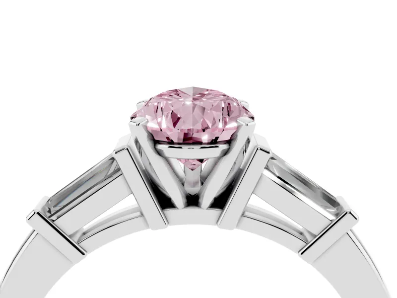 Fancy Pink Pear Cut Diamond Solitaire Ring Set in Platinum with Tapered Baguette Accents and Prong Setting