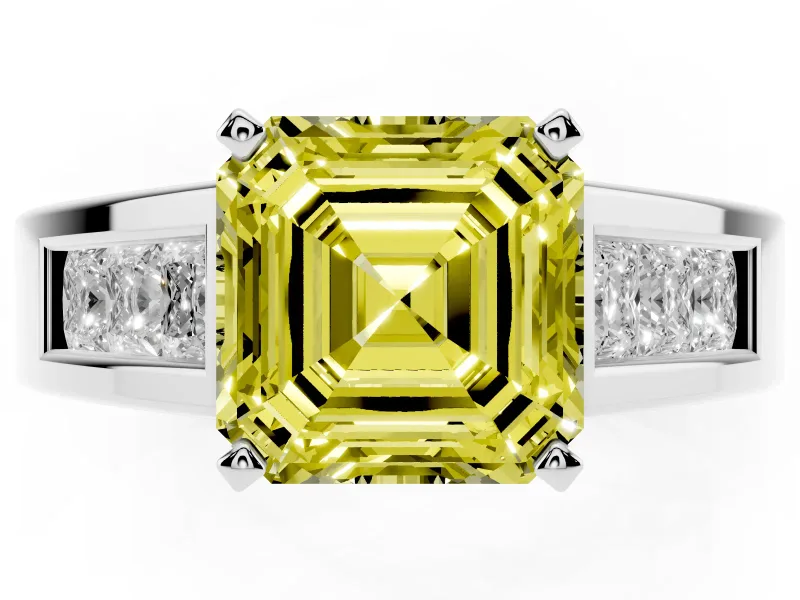 Fancy Yellow Asscher Cut Diamond Solitaire Ring Set in Silver with Channel-Set Accent Stones and Prong Setting