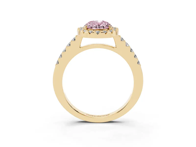 Oval Halo Engagement Ring Setting for a Fancy Pink Lab-Grown Diamond | Single Row Pavé Band | Yellow Gold