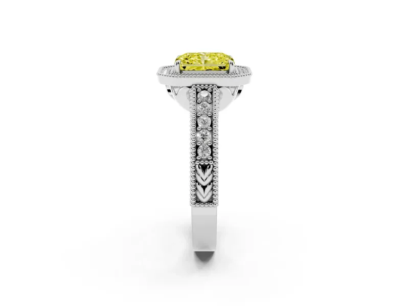 Fancy Yellow Radiant Cut Diamond Halo Ring Set in Platinum with Round Accent Halo, Pavé Band and Prong Setting