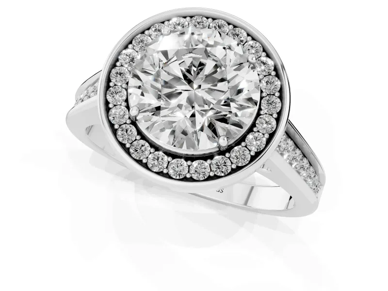 Round Cut Diamond Halo Solitaire Ring Set in Platinum with Pavé Band and Bezel Setting