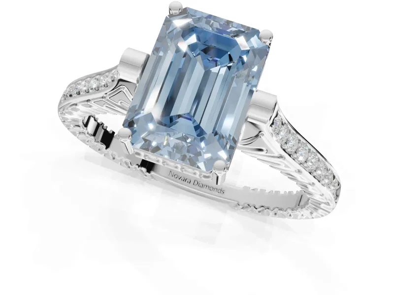 Emerald Cut Vintage Cathedral Engagement Ring Setting for a Fancy Blue Lab-Grown Diamond | Carved Band | Platinum