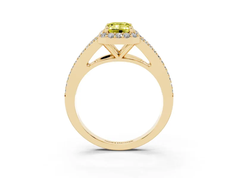 Emerald Cut Halo Engagement Ring Setting for a Fancy Yellow Lab-Grown Diamond | V-Split Pavé Band | Yellow Gold