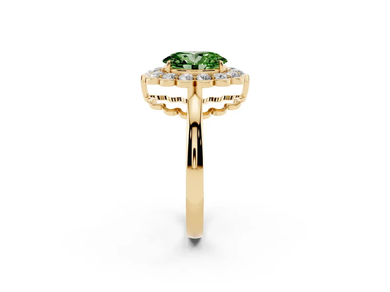 Oval Scalloped Cluster Halo Engagement Ring Setting for a Fancy Green Lab-Grown Diamond | Plain Band | Yellow Gold