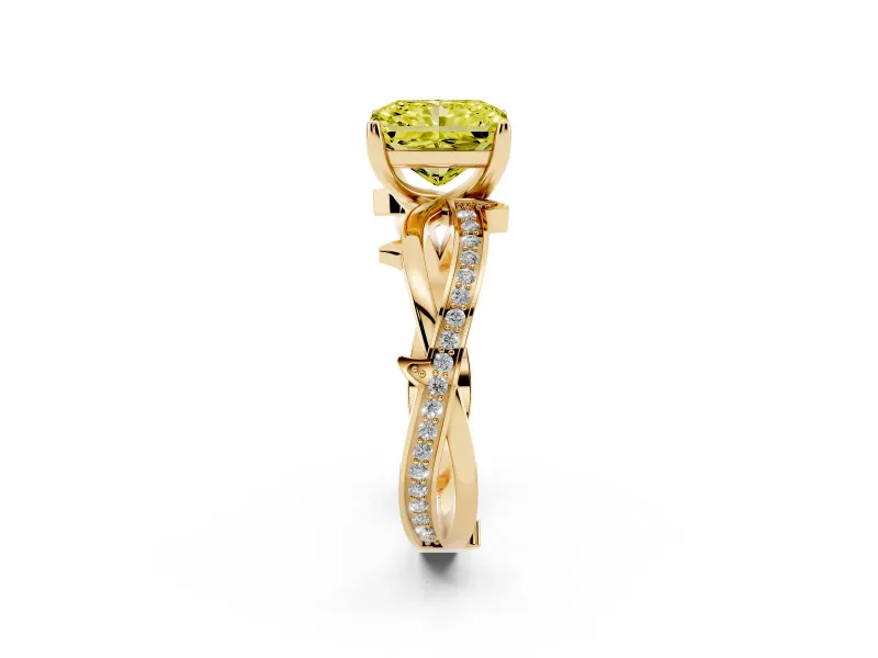 Fancy Yellow Radiant Cut Diamond Pavé Twist Band Solitaire Ring Set in Yellow gold with Prong Setting