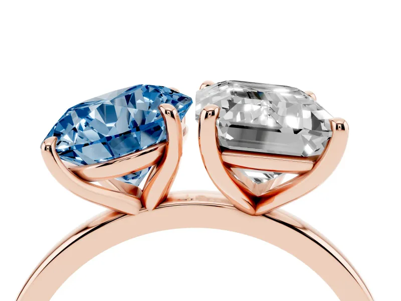 Fancy Blue Round Cut and Emerald Cut Toi Moi Ring Set in Rose gold with Prong Setting