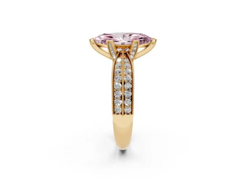 Fancy Pink Marquise Cut Diamond Solitaire Ring Set in Yellow gold with Milgrain Double Row Round Pavé Band