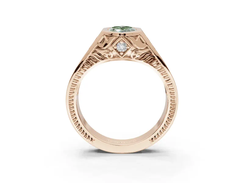 Marquise Vintage Bezel Engagement Ring Setting for a Fancy Green Lab-Grown Diamond | Engraved Band | Rose Gold