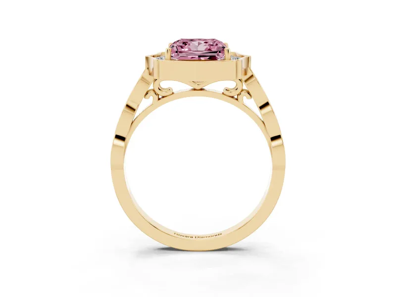 Princess Cut Vintage Scalloped Halo Engagement Ring Setting for a Fancy Pink Lab-Grown Diamond | Pave Band | Yellow Gold