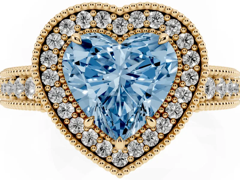 Fancy Blue Heart Cut Diamond Halo Ring Set in Yellow gold with Round Accent Halo, Pavé Band and Prong Setting