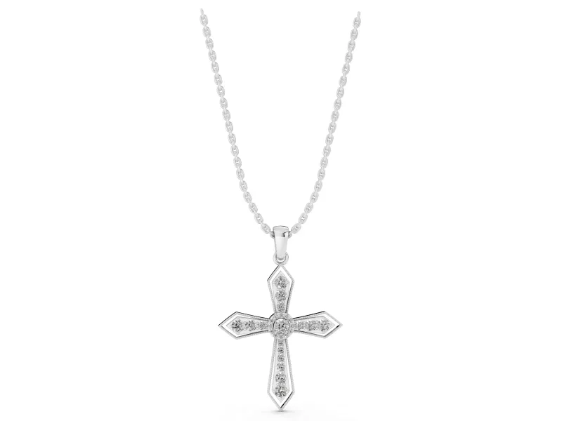 Round Lab-Grown Diamond Vintage Milgrain Cross Pendant Necklace | Pointed Arms | Sterling Silver