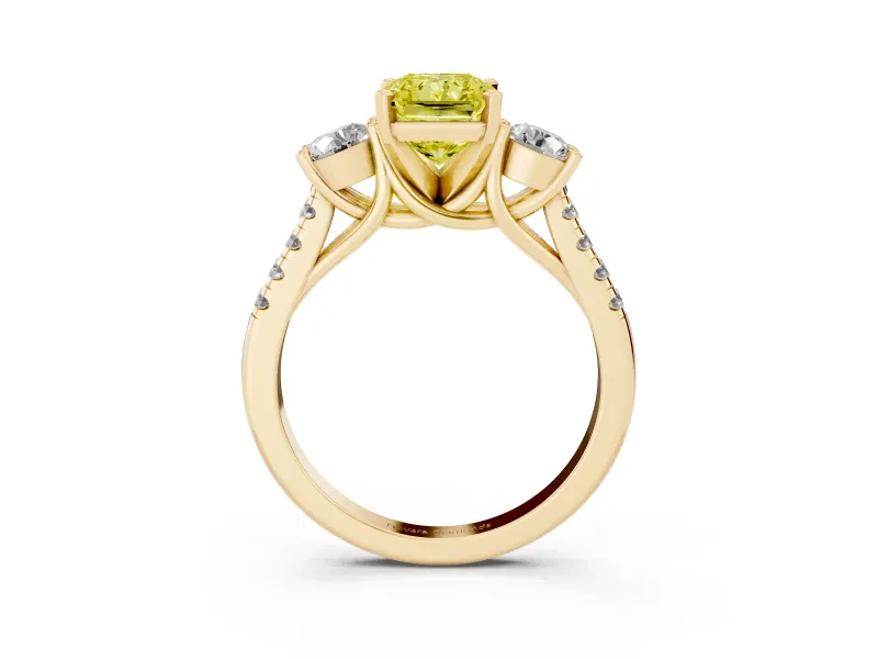 Fancy Yellow Three-Stone Radiant Cut Diamond Pavé Band Ring Set in Yellow gold with Prong-Set Trio