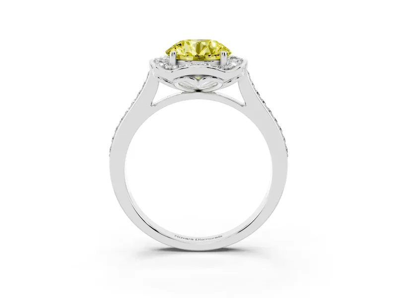 Round Petal Tip Halo Engagement Ring Setting for a Fancy Yellow Lab-Grown Diamond | Pavé Band | Sterling Silver