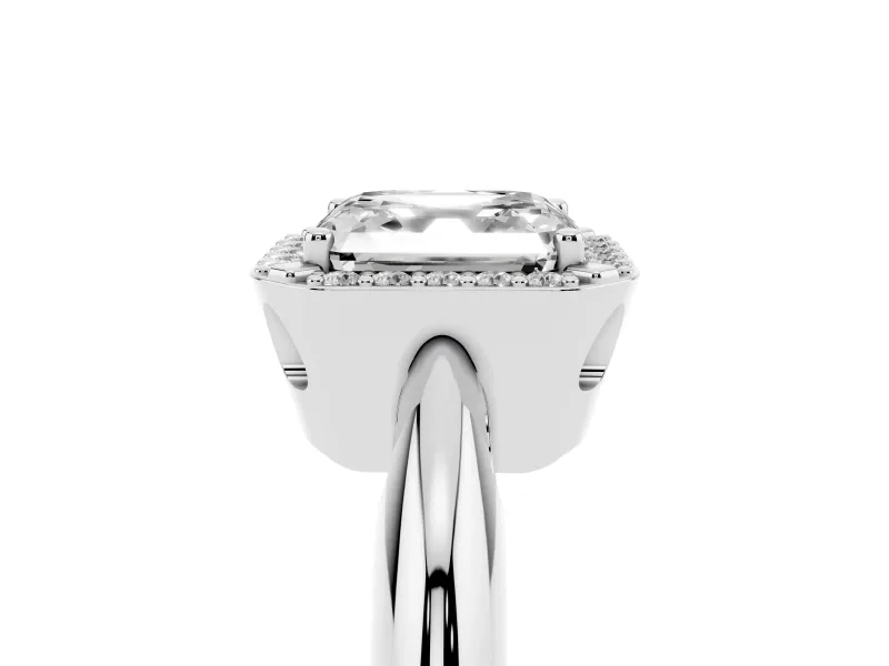 Asscher Cut Diamond Halo Engagement Ring Set in White gold with Plain Split Shank and Prong Setting