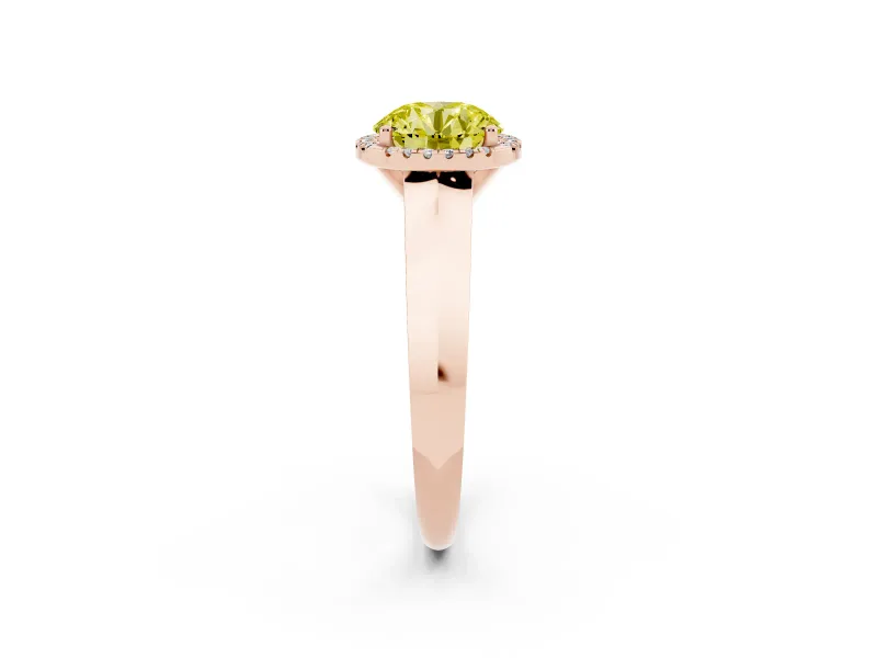 Fancy Yellow Round Cut Diamond Halo Ring Set in Rose gold with Cathedral Band and Prong Setting